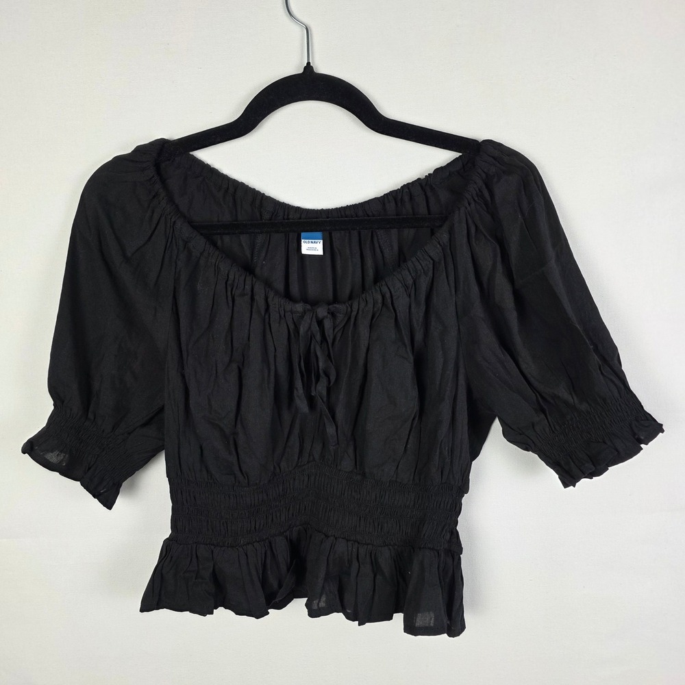 Old Navy Womens XS Black Smocked Waist Peasant Top Puff Sleeve Ruffle Crop